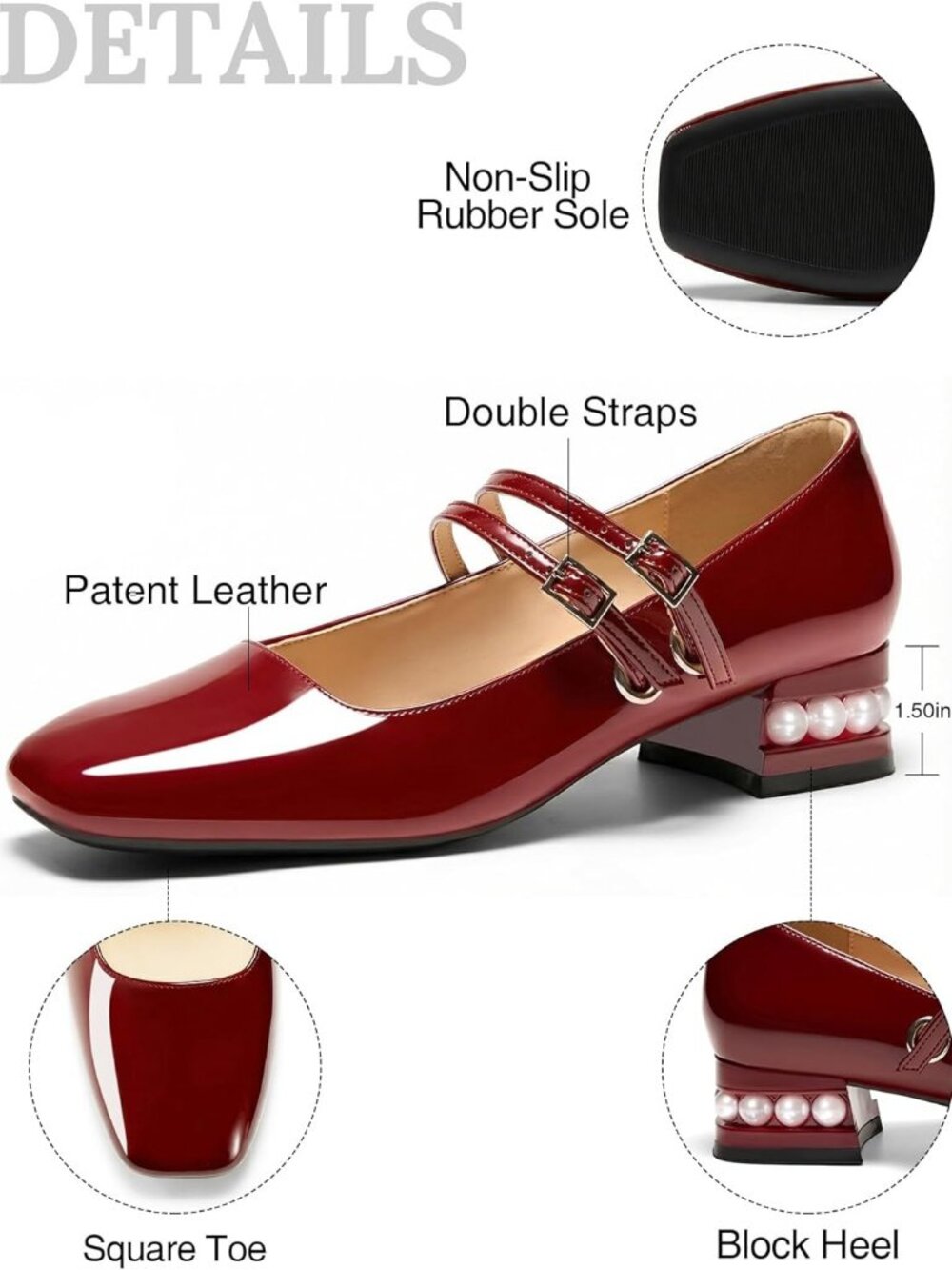 Women's Pearl Burgundy Mary Jane Low Pearl Heels Square Toe Pumps Ballet Shoes - Picture 6 of 6